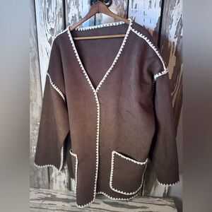 Chunky Oversized Cardigan Brown with Cream Trim Size XL NWT